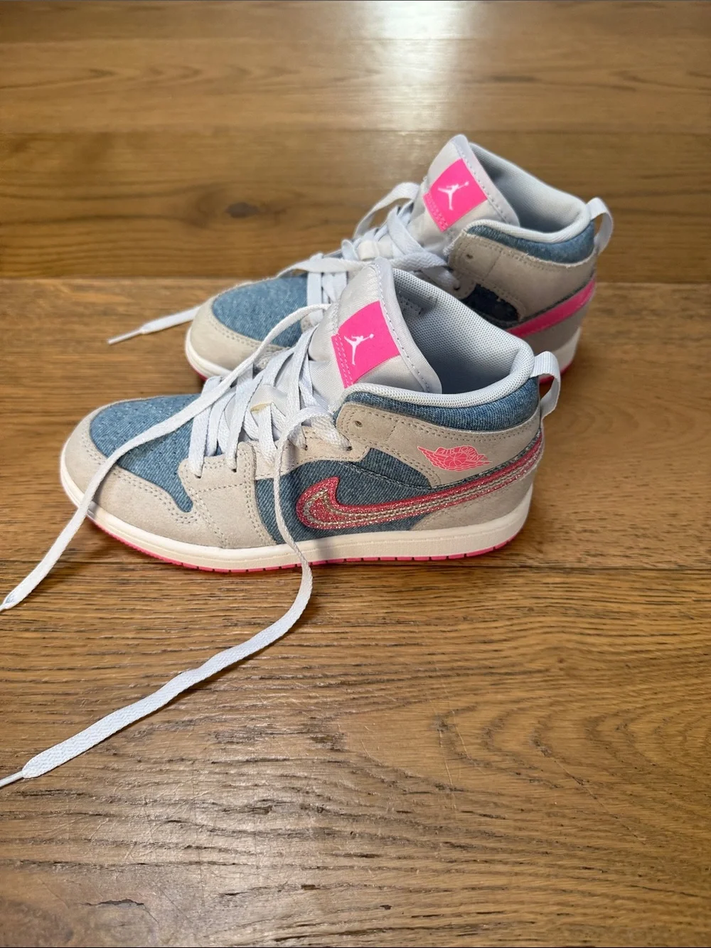Jordan Kids Mid Sneakers in Gray, Blue & Pink